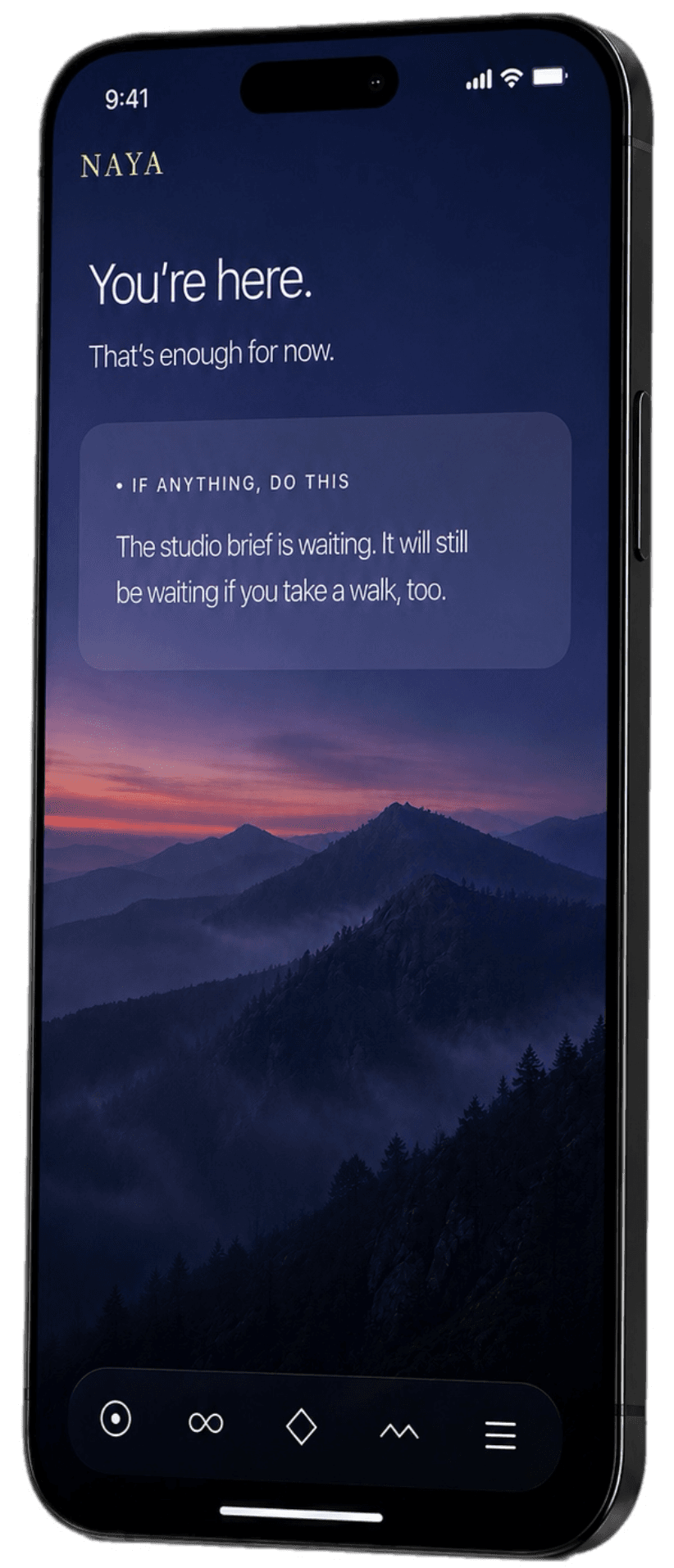 Naya when overloaded — a single gentle line, alone, held in deep twilight.