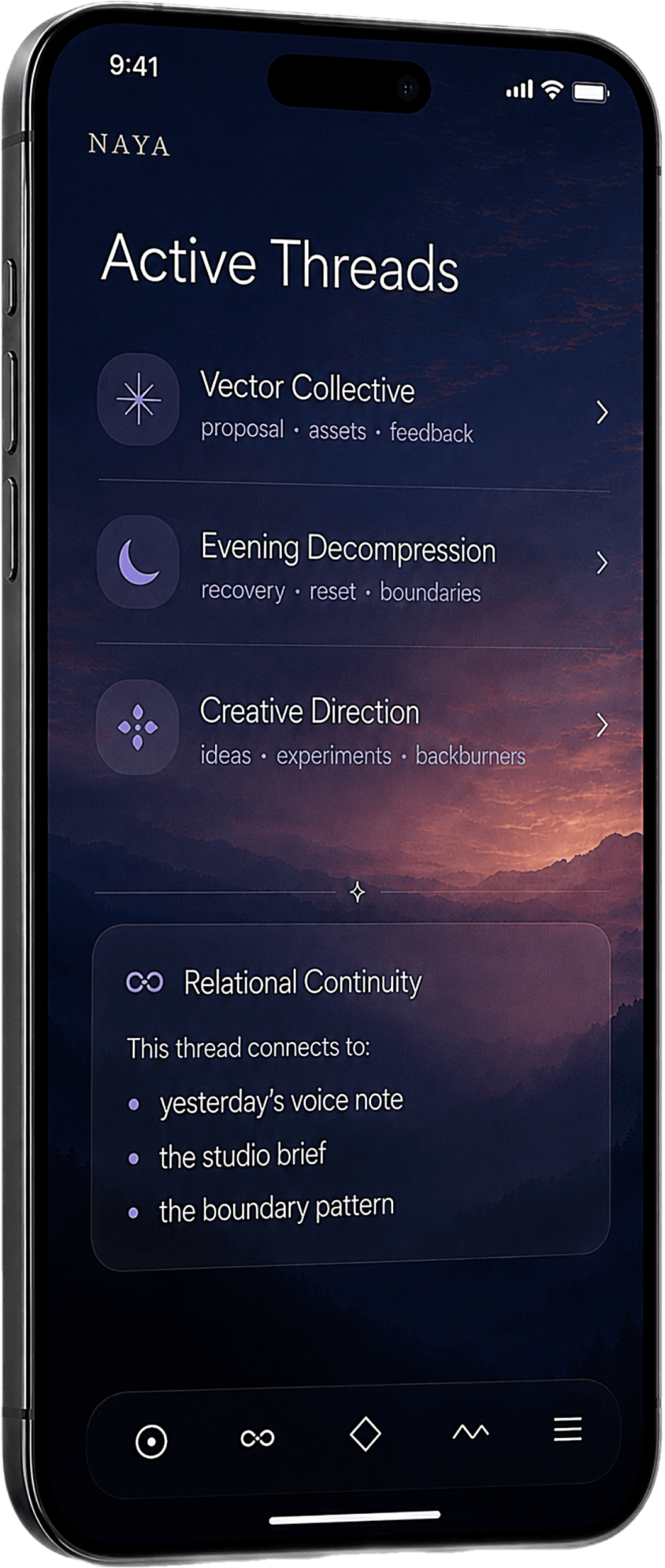 Naya on iPhone — Active Threads: Vector Collective, Evening Decompression, and Creative Direction, with a Relational Continuity card showing this thread connects to yesterday’s voice note, the studio brief, and the boundary pattern.