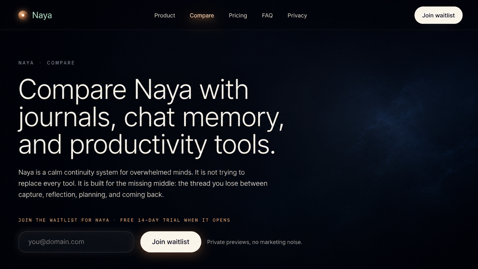 Compare Naya with journals, chat memory, and productivity tools hero section.