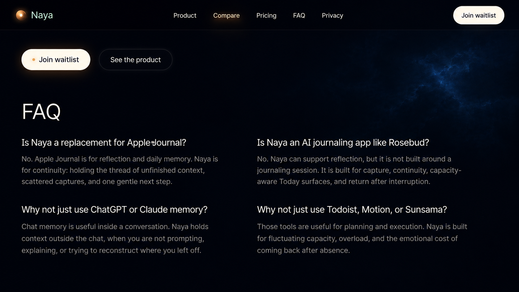 Compare page FAQ section with answers about Apple Journal, Rosebud, chat memory, and productivity tools.